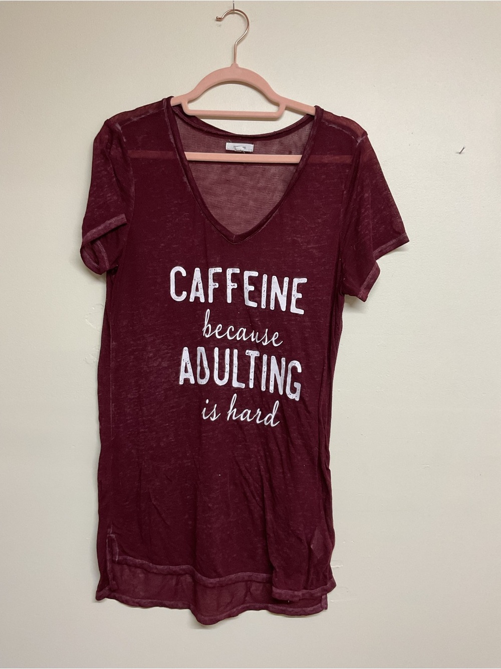 Maurices Burgundy V-Neck Graphic Tee - 'Caffeine Because Adulting Is Hard'